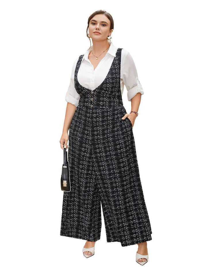 Black 1950s Plaid Wide-Leg Overalls Jumpsuit - vintage jumpsuit, retro fashion, classic black