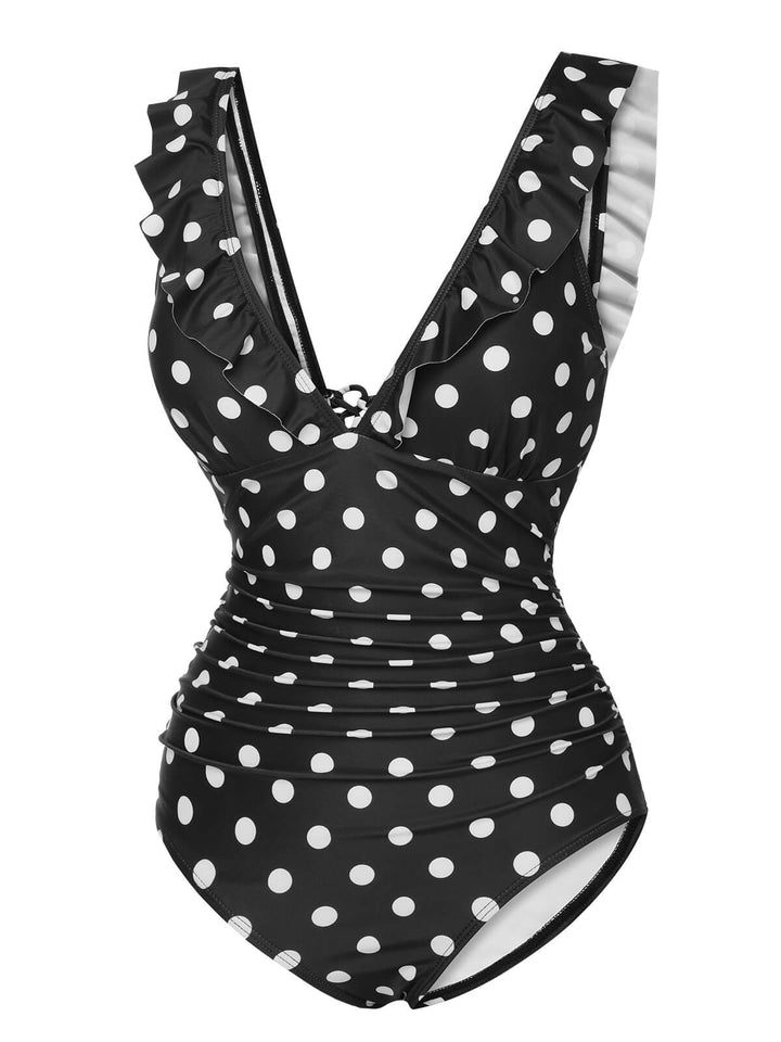 Black 1950s Polka Dot Ruffle V-Neck Swimsuit, vintage swimsuit, pin-up swimwear - perfect for women who love vintage and retro fashion