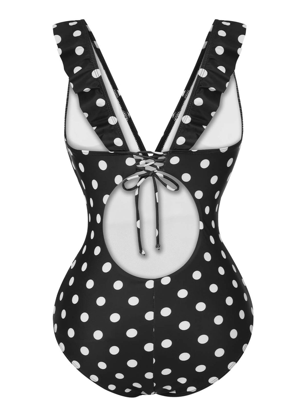 Black 1950s Polka Dot Ruffle V-Neck Swimsuit, vintage swimsuit, pin-up swimwear - perfect for women who love vintage and retro fashion