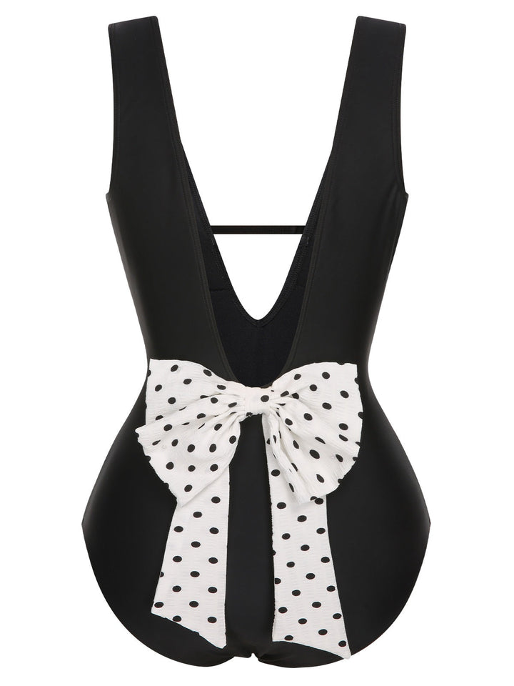 Black 1950s Polka Dot V-Neck Bow Swimsuit, vintage swimsuit, pin-up swimwear - perfect for women who love vintage and retro fashion
