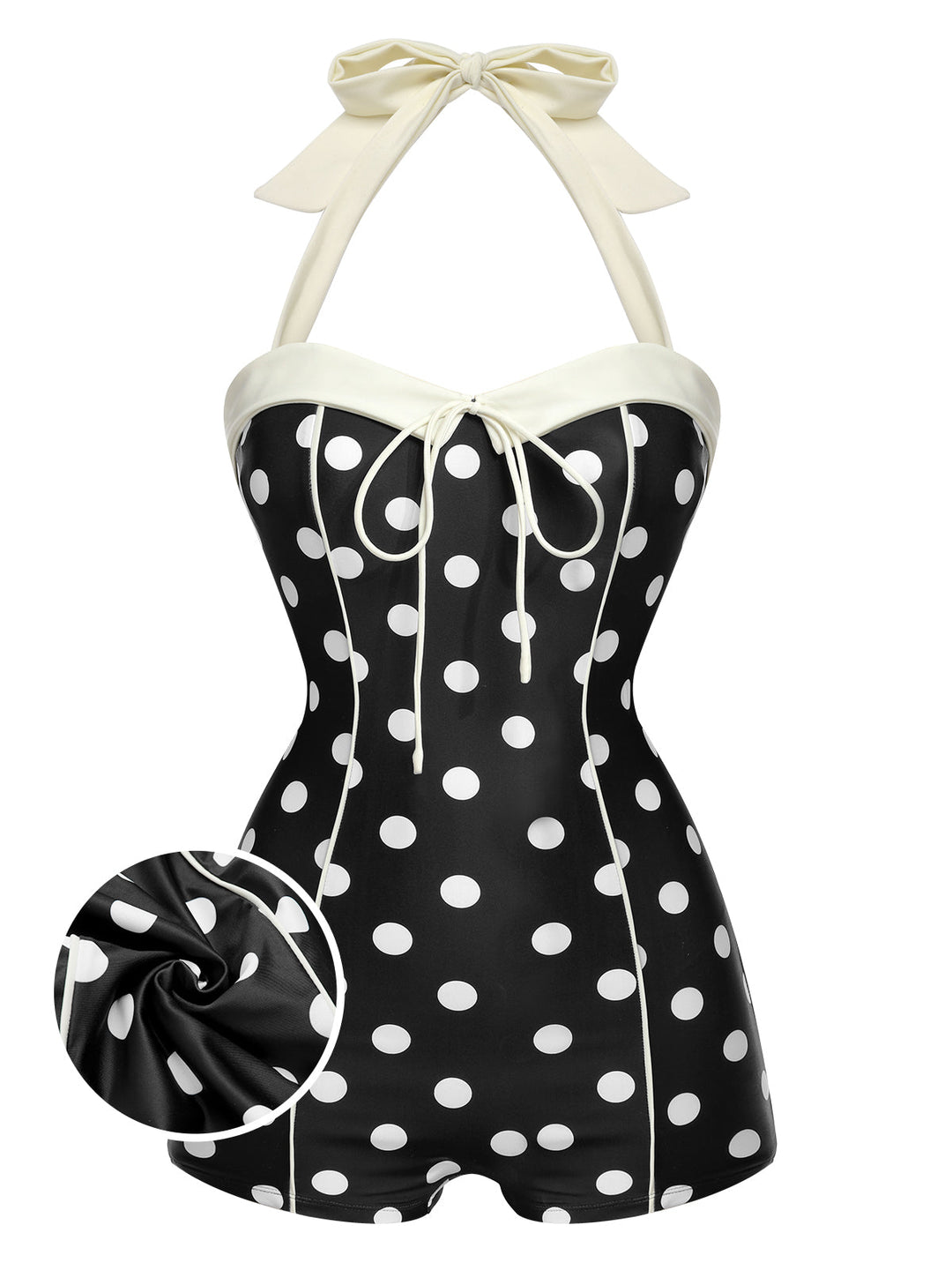 Front view: 1950s Black 1950s Polka Dots Halter Swimsuit, perfect for vintage themed parties and retro fashion enthusiasts