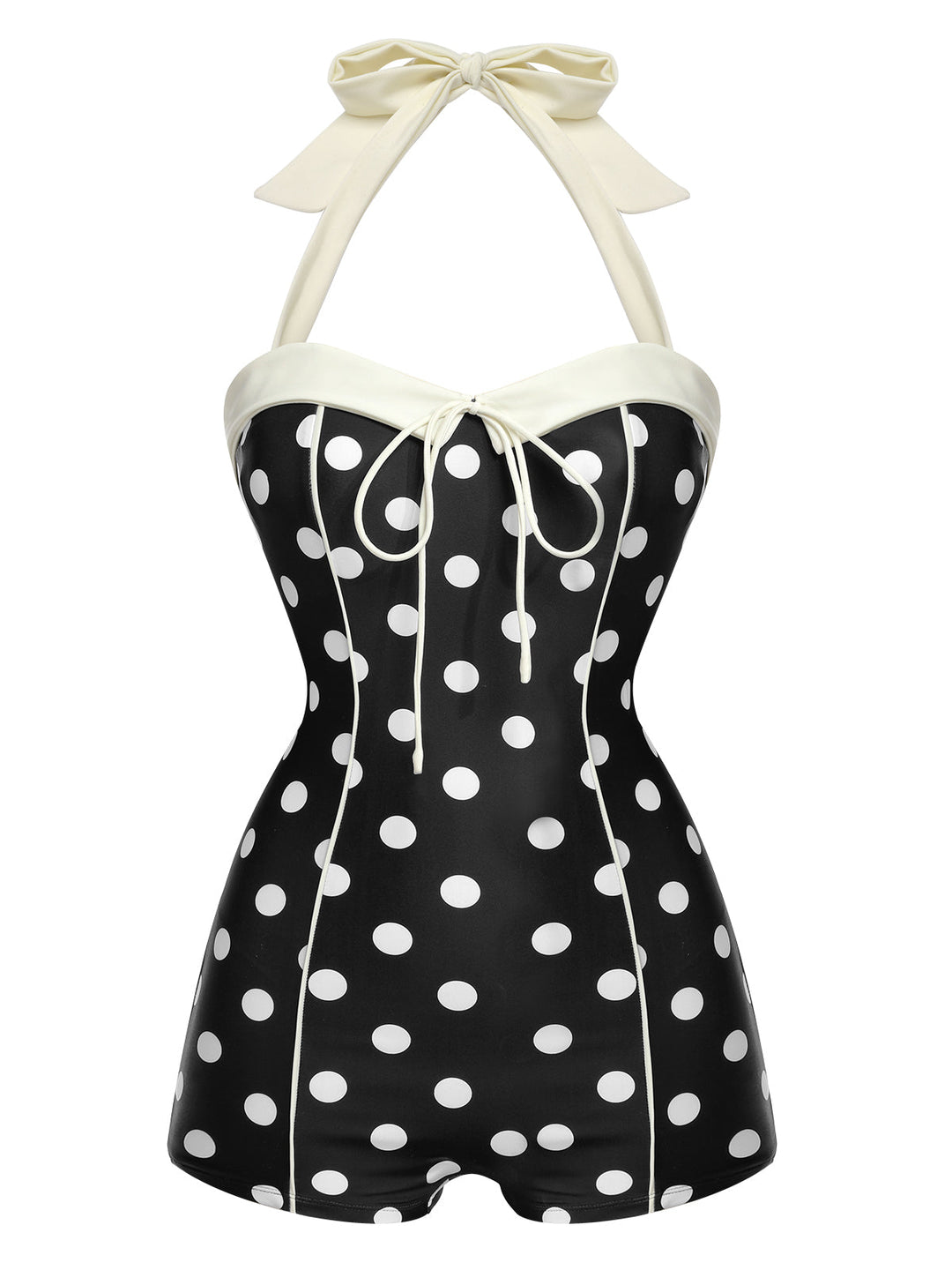 Back view: 1950s Black 1950s Polka Dots Halter Swimsuit, perfect for vintage themed parties and retro fashion enthusiasts