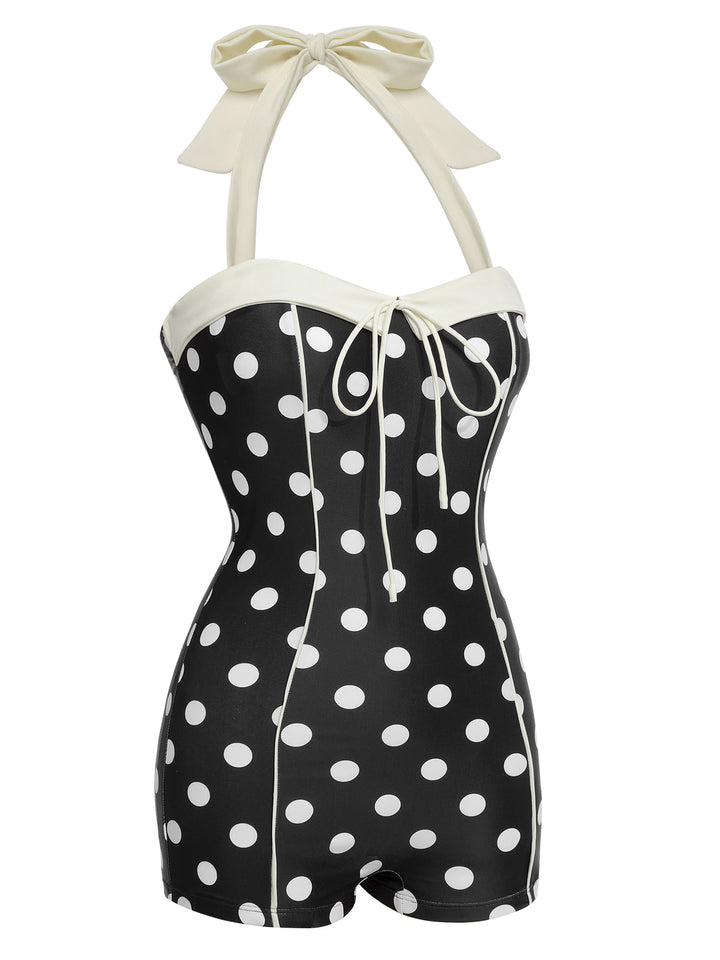 Detail view: 1950s Black 1950s Polka Dots Halter Swimsuit, perfect for vintage themed parties and retro fashion enthusiasts