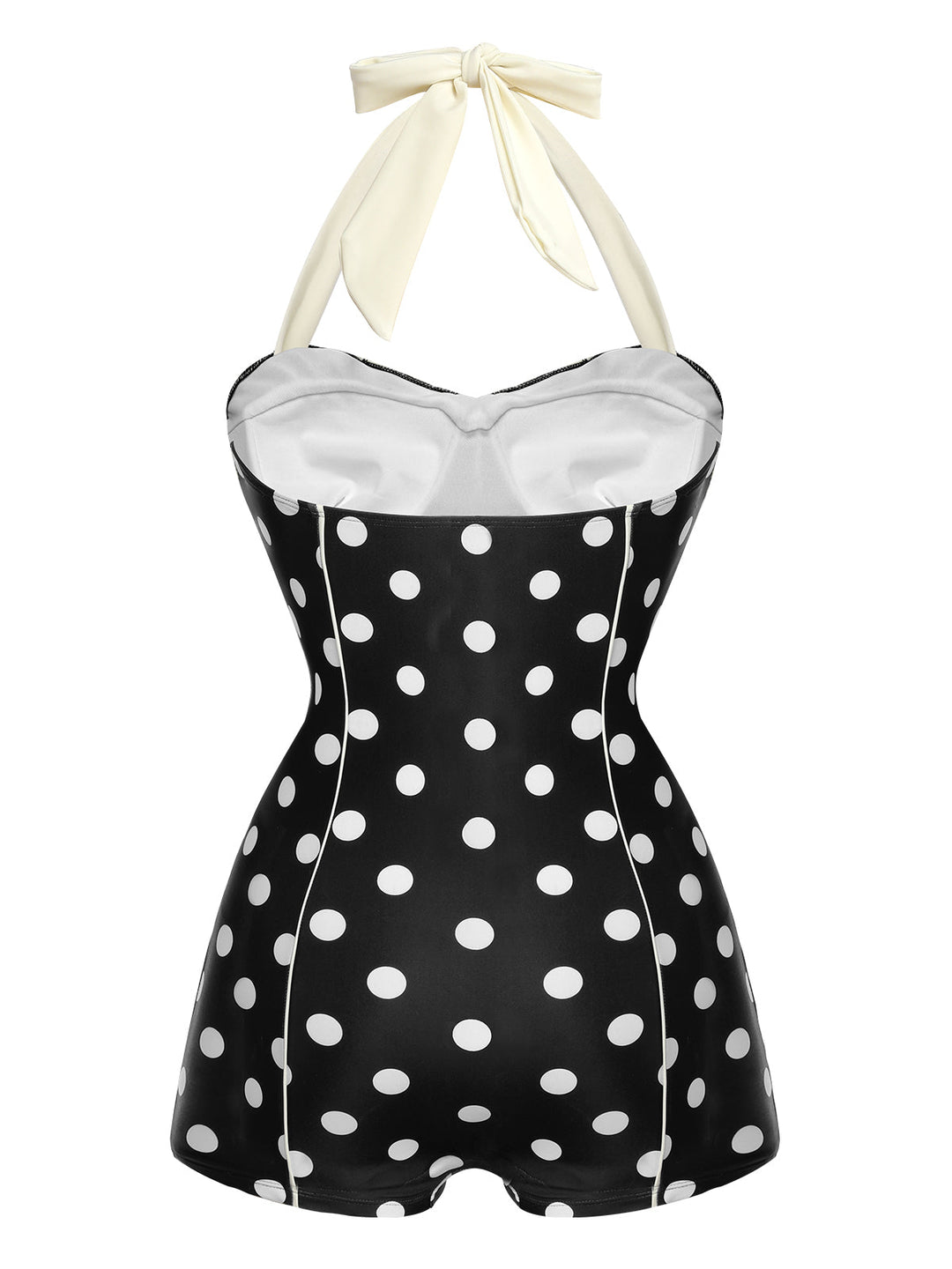 Close-up: 1950s Black 1950s Polka Dots Halter Swimsuit, perfect for vintage themed parties and retro fashion enthusiasts