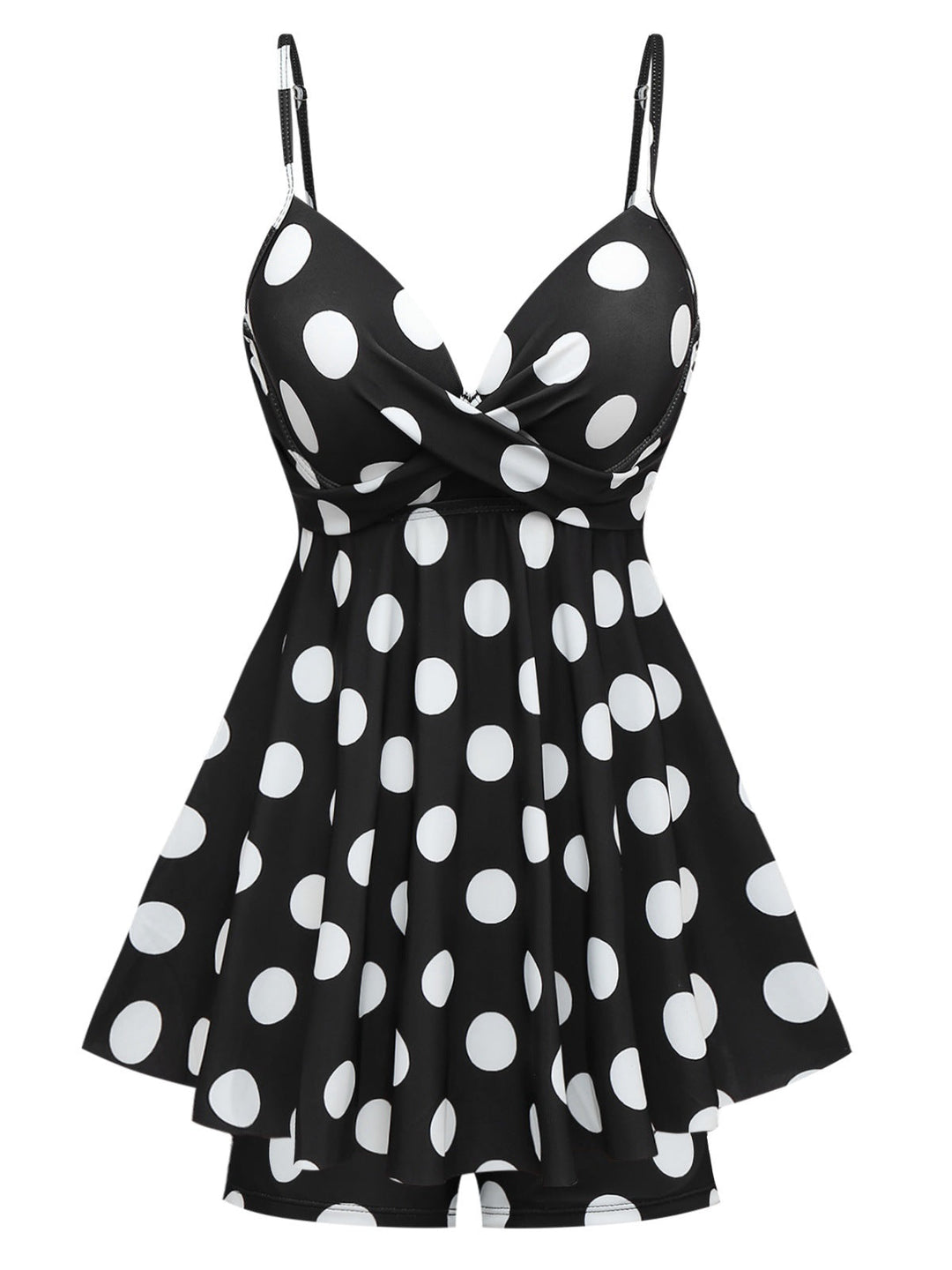 She slips into this Black 1950s Polka Dots One-Piece Swim Dress and suddenly it&