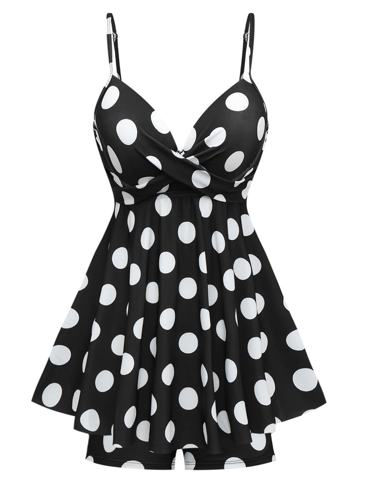She slips into this Black 1950s Polka Dots One-Piece Swim Dress and suddenly it&