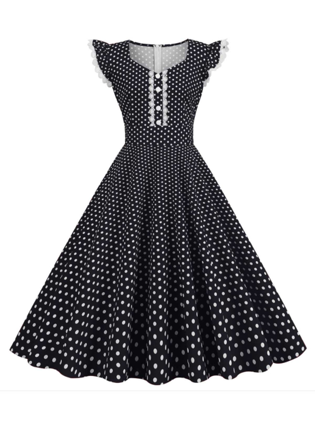 She slips into this Black 1950s Polka Dots Ruffles Dress and suddenly it&