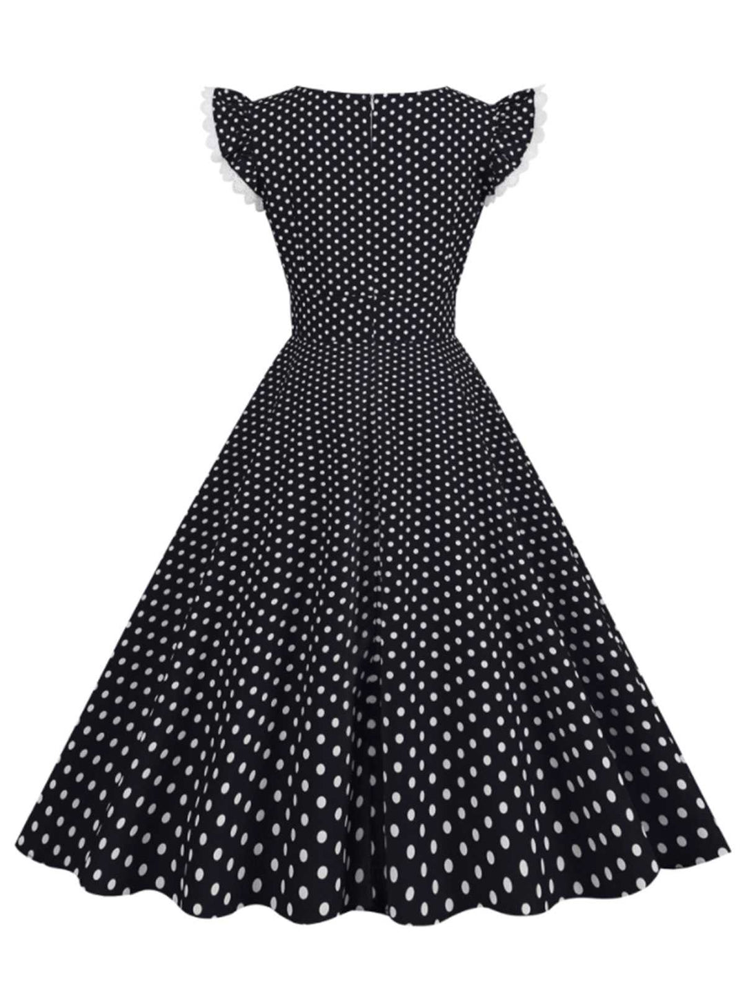 This Black 1950s Polka Dots Ruffles Dress wraps her in 1950s elegance, one twirl at a time