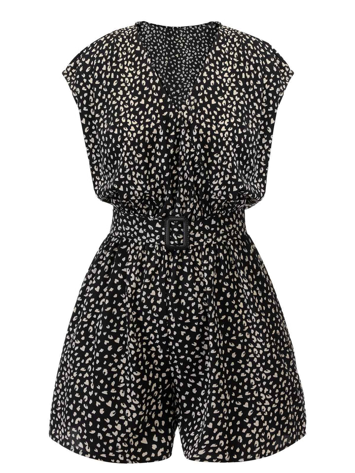 Black 1950s Printed V-Neck Belted Romper — vintage elegance for the modern woman