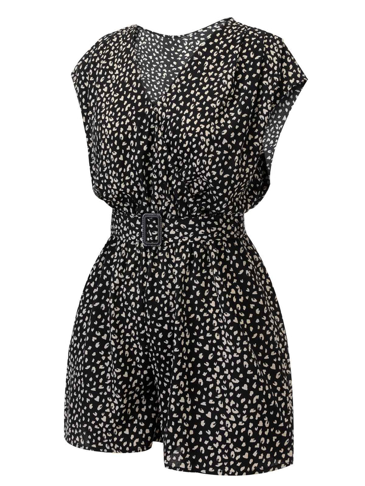 Black 1950s Printed V-Neck Belted Romper: timeless style reimagined