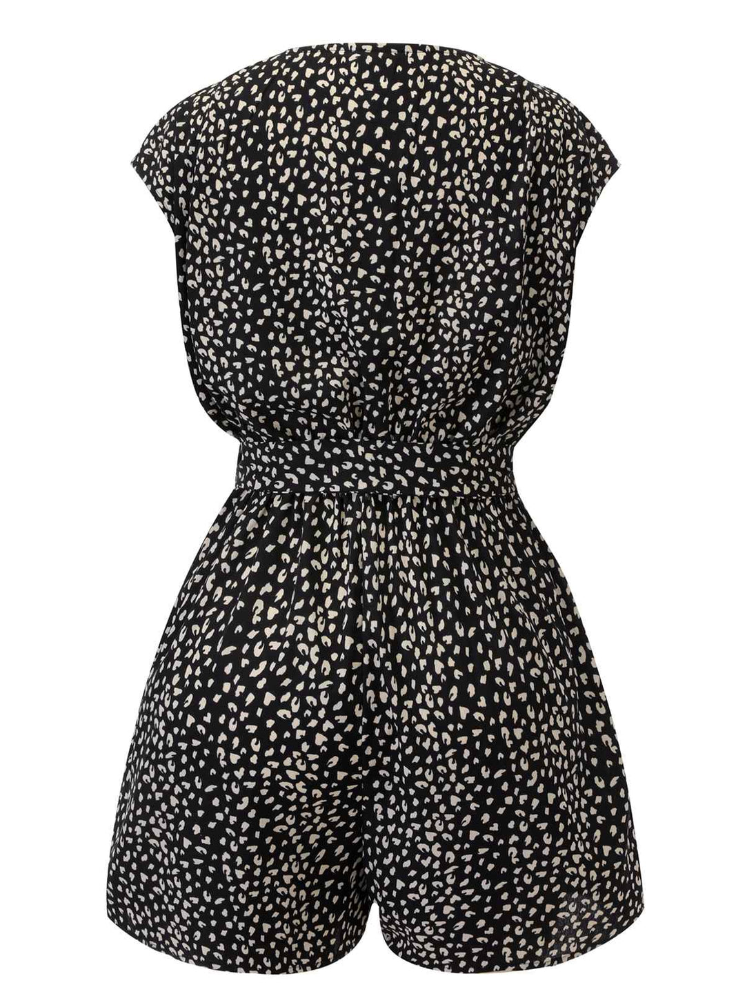 Black 1950s Printed V-Neck Belted Romper — vintage elegance for the modern woman