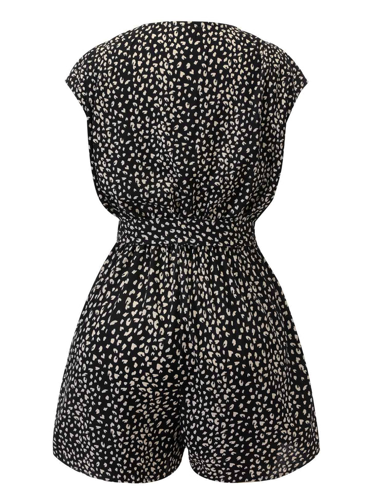Black 1950s Printed V-Neck Belted Romper — vintage elegance for the modern woman