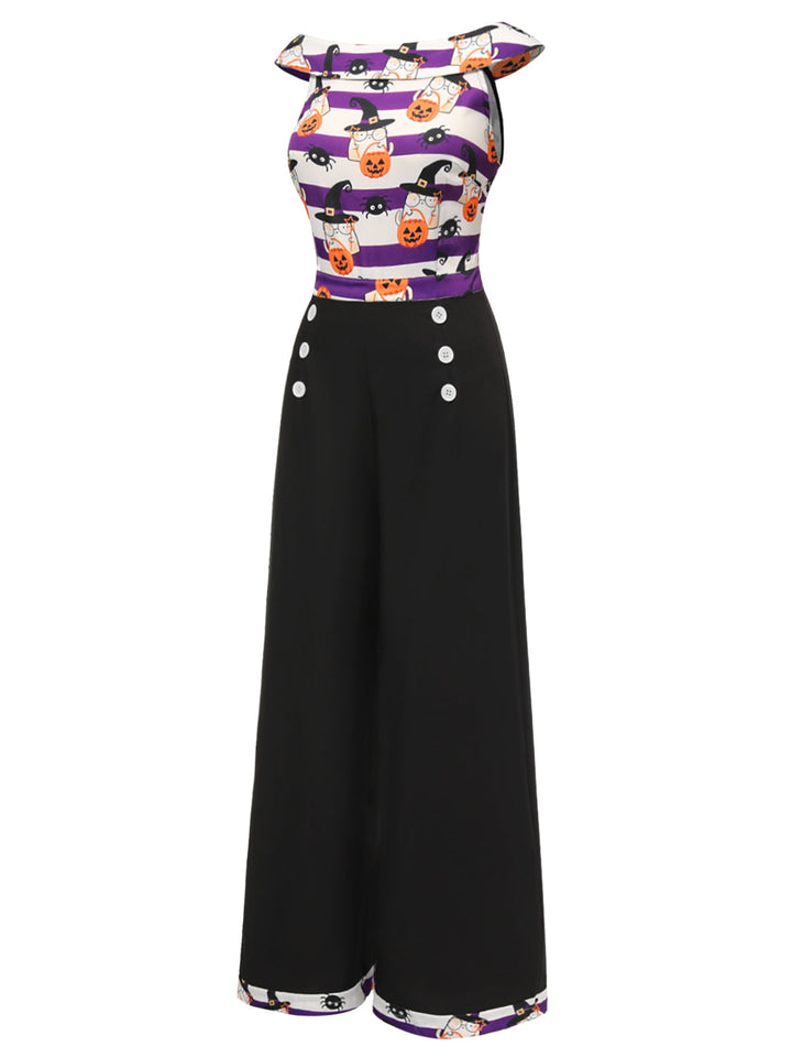 Black 1950s Pumpkin Off Shoulder Patchwork Jumpsuit, vintage romper, retro jumpsuit - perfect for women who love vintage and retro fashion