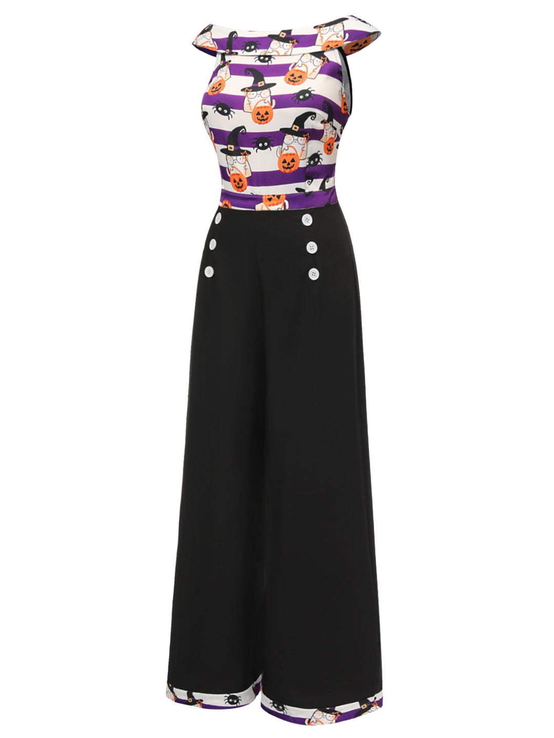 Black 1950s Pumpkin Off Shoulder Patchwork Jumpsuit, vintage romper, retro jumpsuit - perfect for women who love vintage and retro fashion