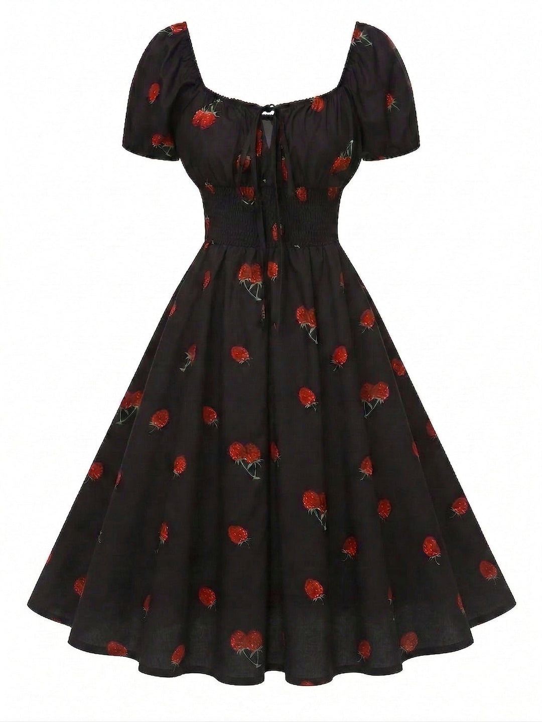 [Pre-Sale] Black 1950s Raspberry V-Neck Halter Midi Dress - vintage dress, retro fashion, rockabilly, pin-up fashion for vintage lovers
