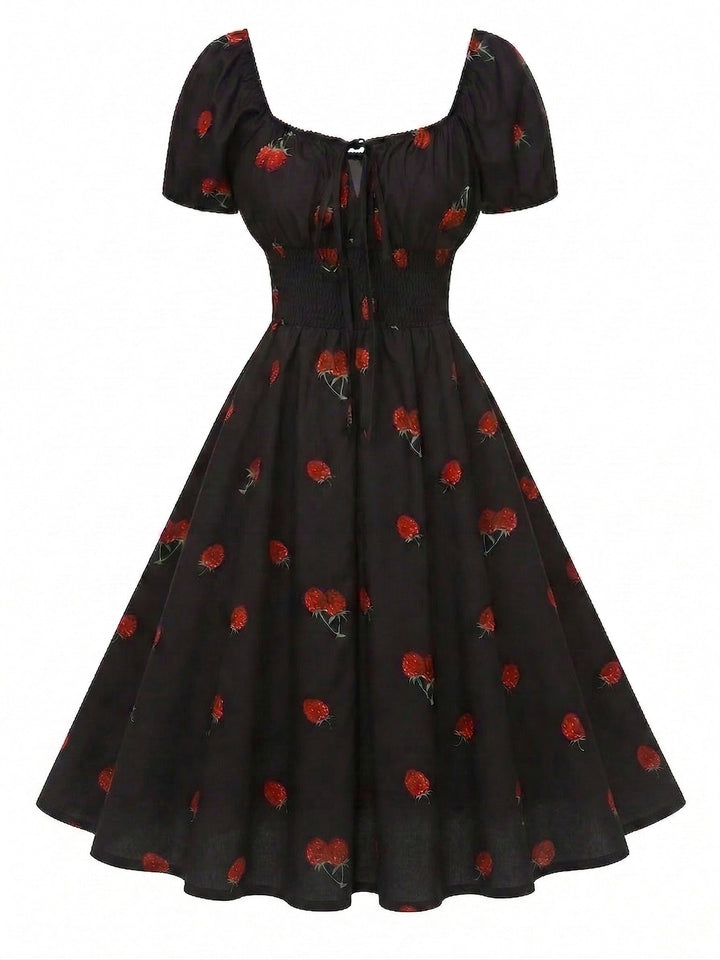 [Pre-Sale] Black 1950s Raspberry V-Neck Halter Midi Dress - vintage dress, retro fashion, rockabilly, pin-up fashion for vintage lovers