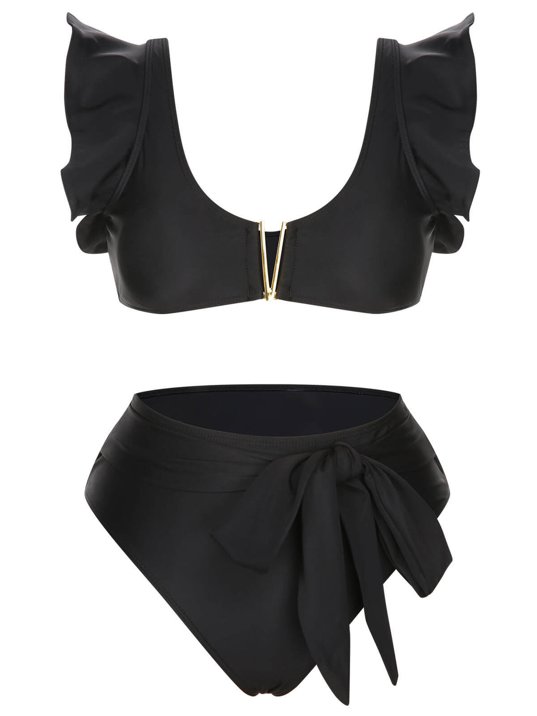Black 1950s Ruffle Sleeve Split Swimsuit, vintage swimsuit, pin-up swimwear - perfect for women who love vintage and retro fashion