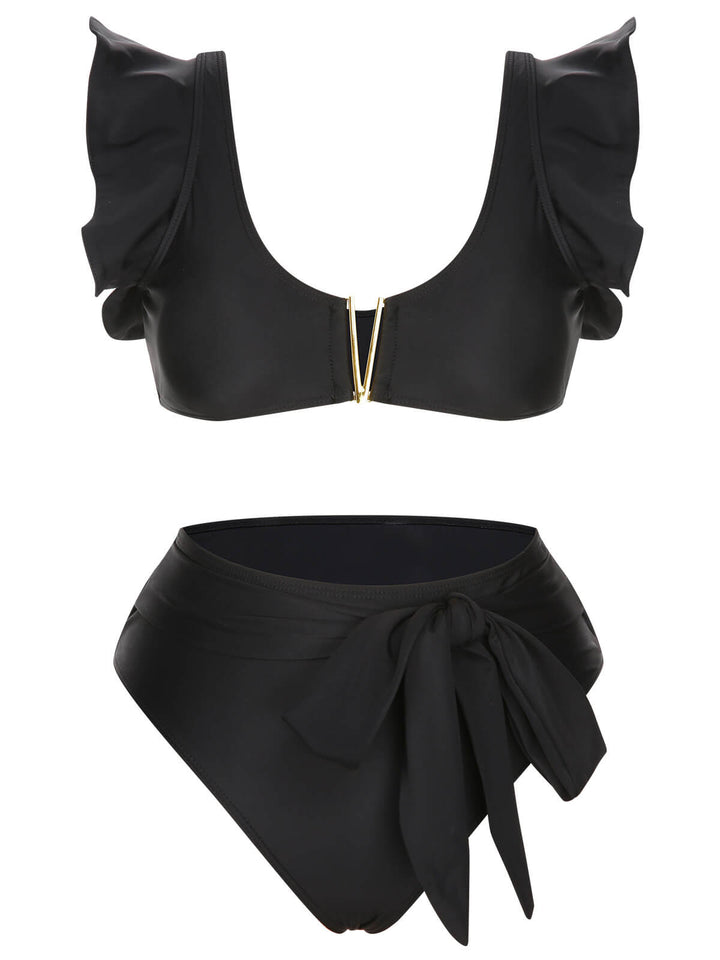 Black 1950s Ruffle Sleeve Split Swimsuit, vintage swimsuit, pin-up swimwear - perfect for women who love vintage and retro fashion
