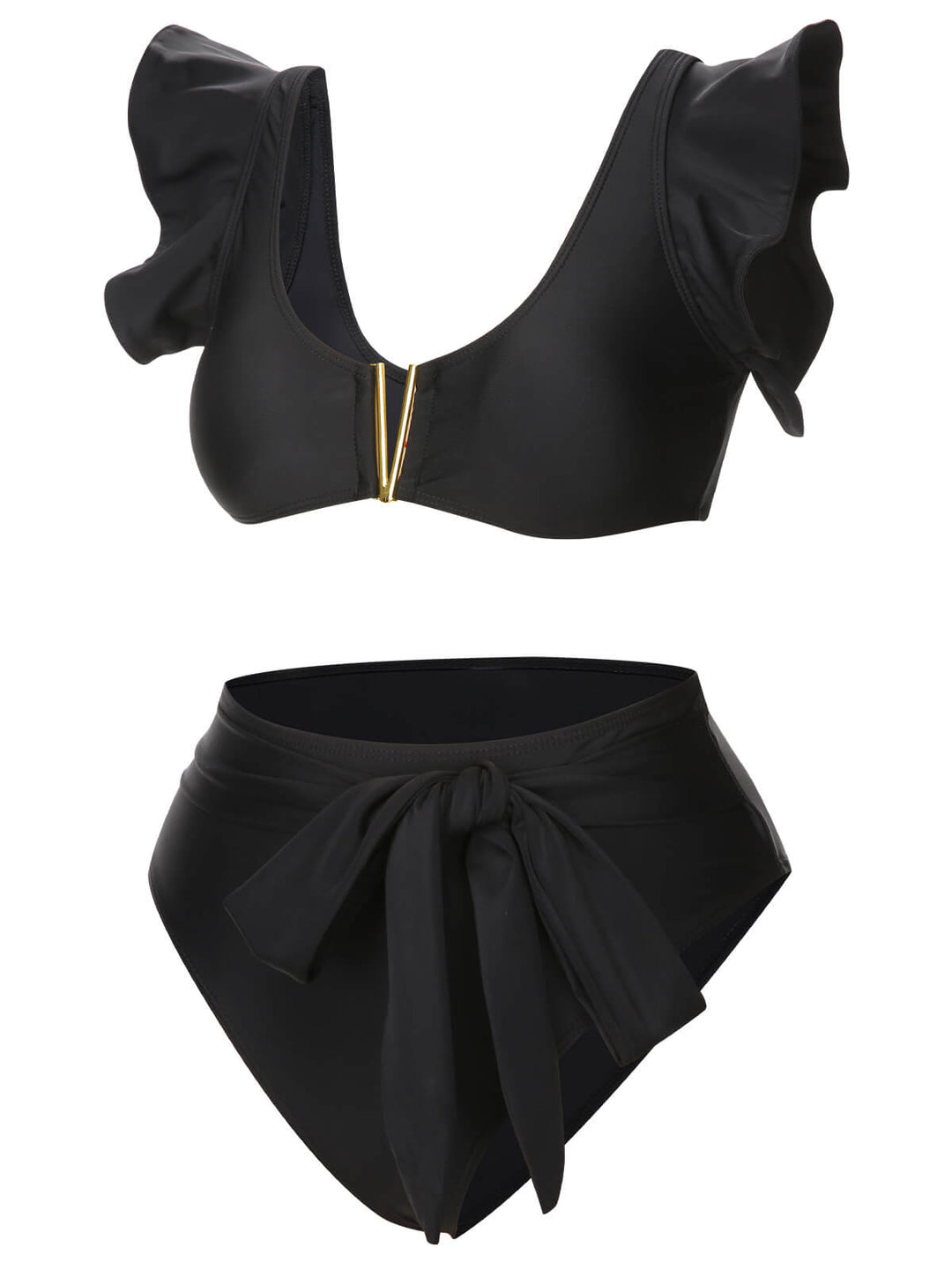 Black 1950s Ruffle Sleeve Split Swimsuit, vintage swimsuit, pin-up swimwear - perfect for women who love vintage and retro fashion