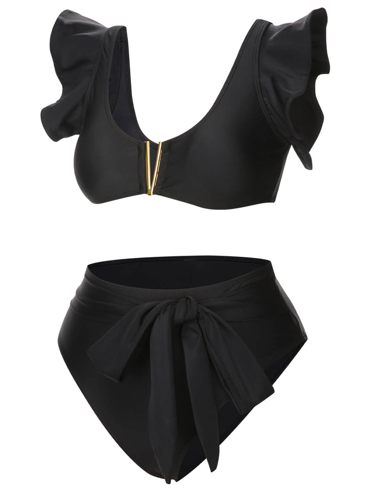 Black 1950s Ruffle Sleeve Split Swimsuit, vintage swimsuit, pin-up swimwear - perfect for women who love vintage and retro fashion