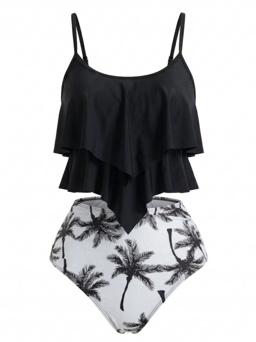 Black 1950s Ruffled Coconut Tree Tankini Set - vintage fashion, retro style, classic elegance for vintage lovers