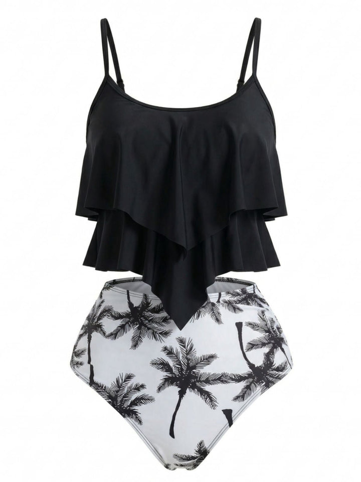 Black 1950s Ruffled Coconut Tree Tankini Set - vintage fashion, retro style, classic elegance for vintage lovers