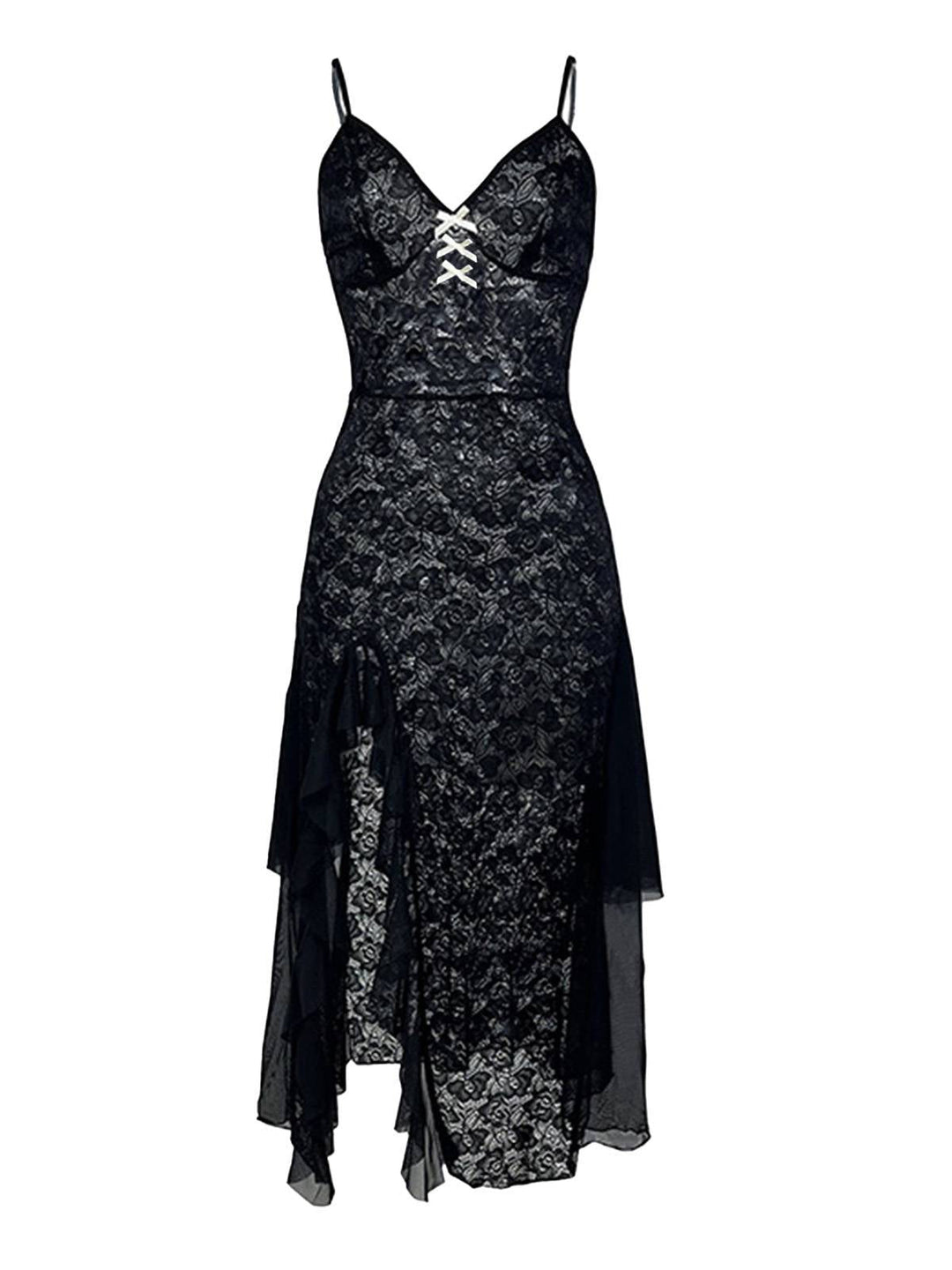 Black 1950s Sheer Floral Lace Deep-V Slit Nightgown - vintage nightgown, retro sleepwear, classic black