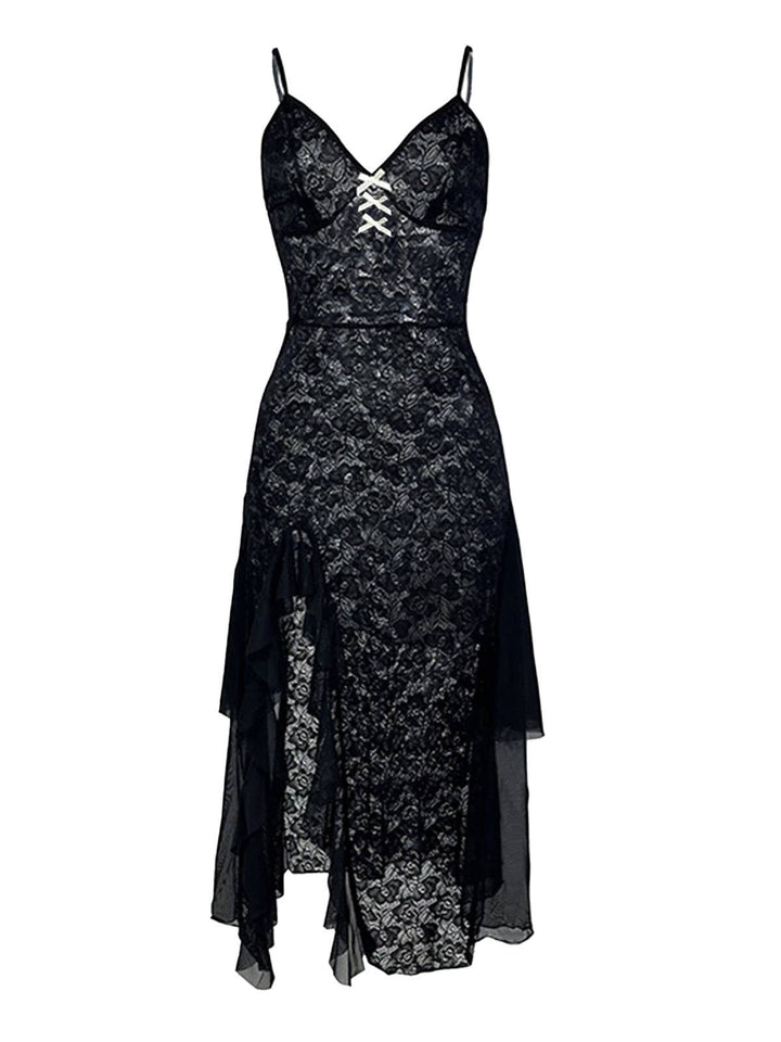 Black Sheer Floral Lace Deep-V Slit Nightgown - vintage nightgown, retro sleepwear, classic black
