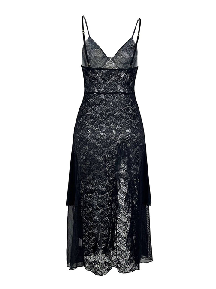 Black 1950s Sheer Floral Lace Deep-V Slit Nightgown - vintage nightgown, retro sleepwear, classic black