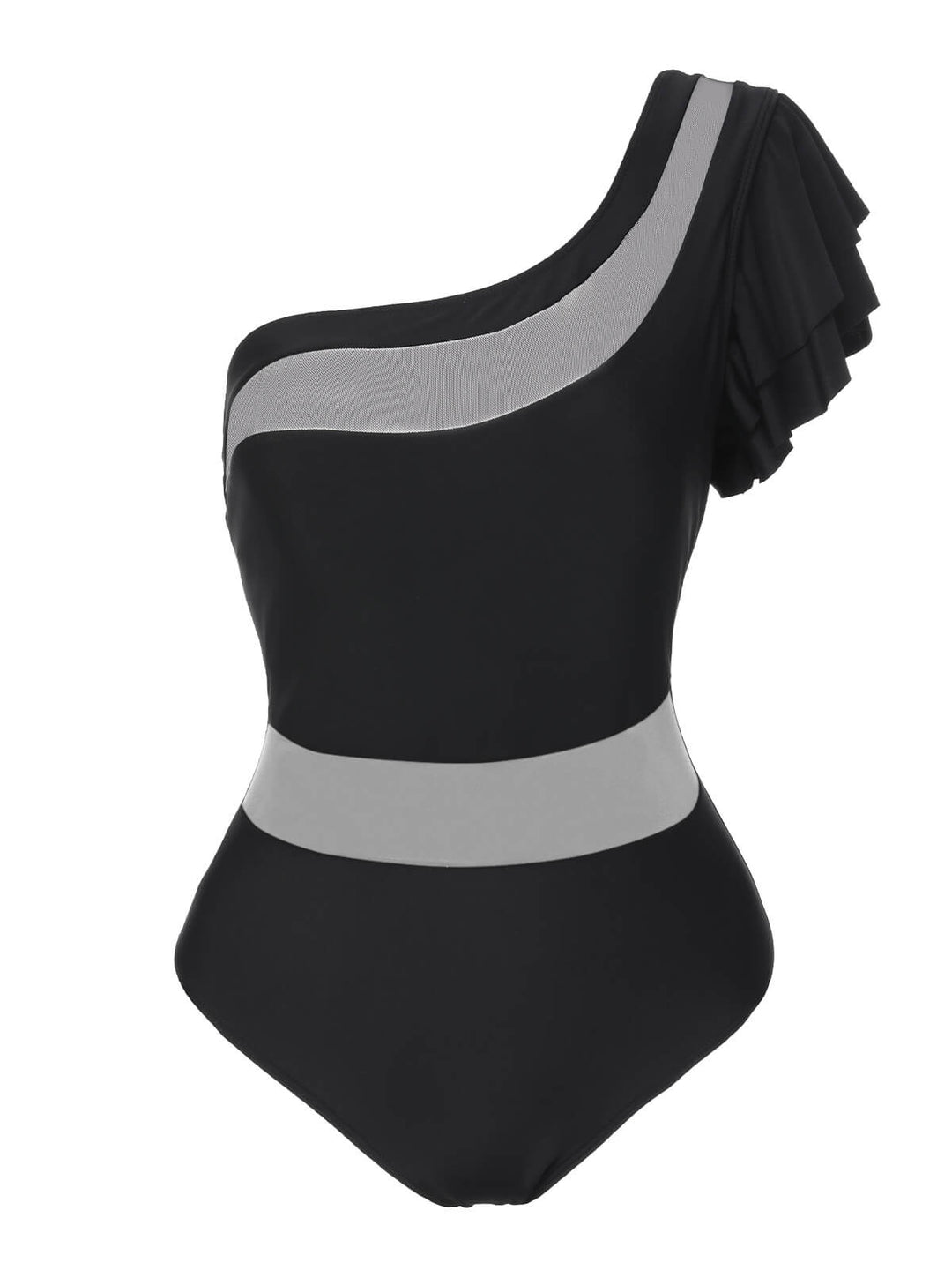 Black 1950s Sheer Patchwork One-Shoulder Swimsuit, vintage swimsuit, pin-up swimwear - perfect for women who love vintage and retro fashion