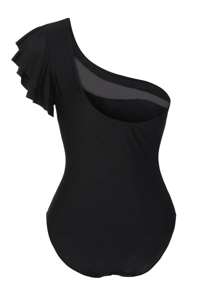 Black 1950s Sheer Patchwork One-Shoulder Swimsuit, vintage swimsuit, pin-up swimwear - perfect for women who love vintage and retro fashion