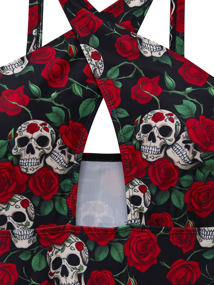 Black 1950s Skeleton Rose Halter Swimsuit: beautiful vintage swimwear, retro swimsuit, pin-up style with timeless appeal