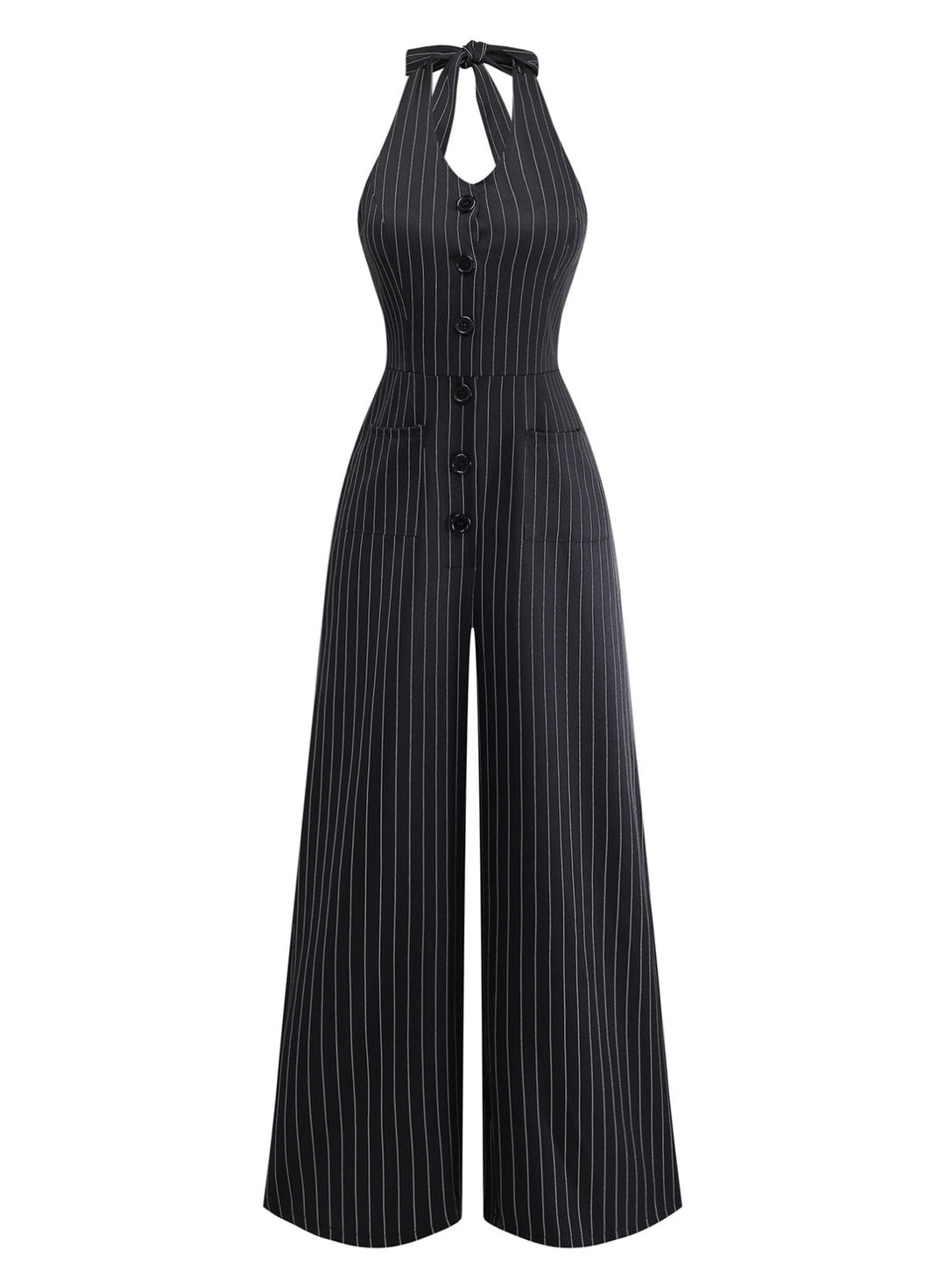 Black 1950s Sleeveless Pinstripe Halter Button Wide Leg Jumpsuit, vintage romper, retro jumpsuit - perfect for women who love vintage and retro fashion