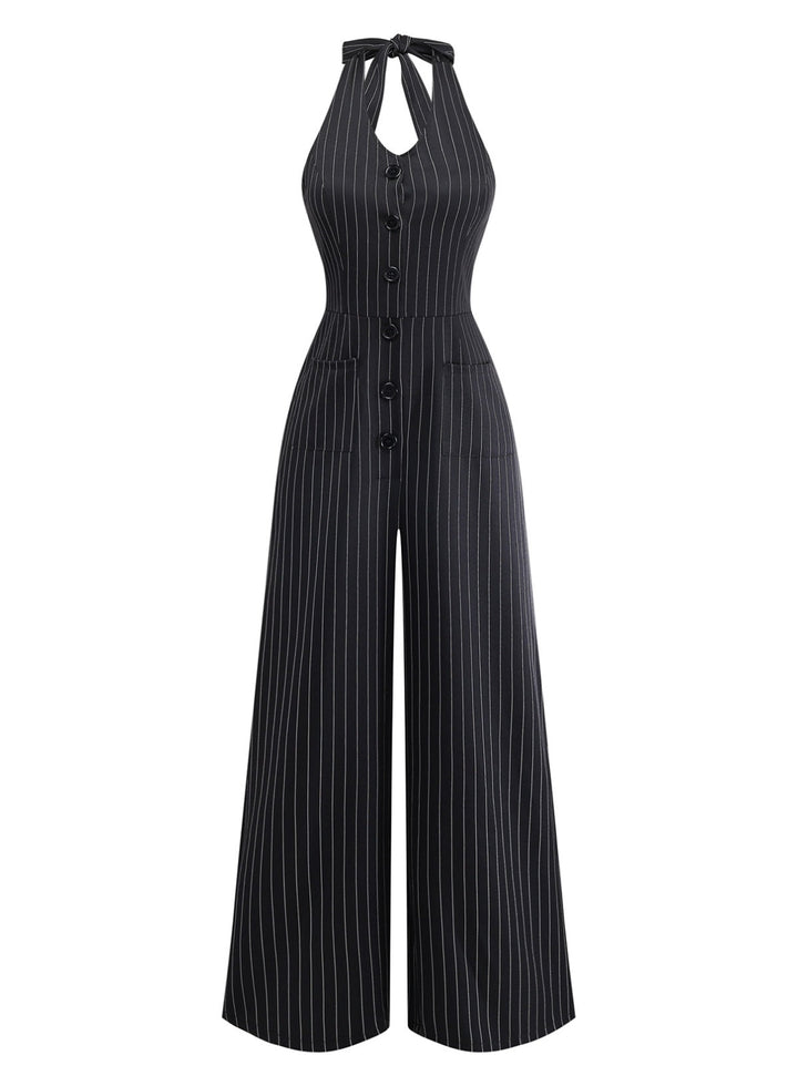 Black 1950s Sleeveless Pinstripe Halter Button Wide Leg Jumpsuit, vintage romper, retro jumpsuit - perfect for women who love vintage and retro fashion