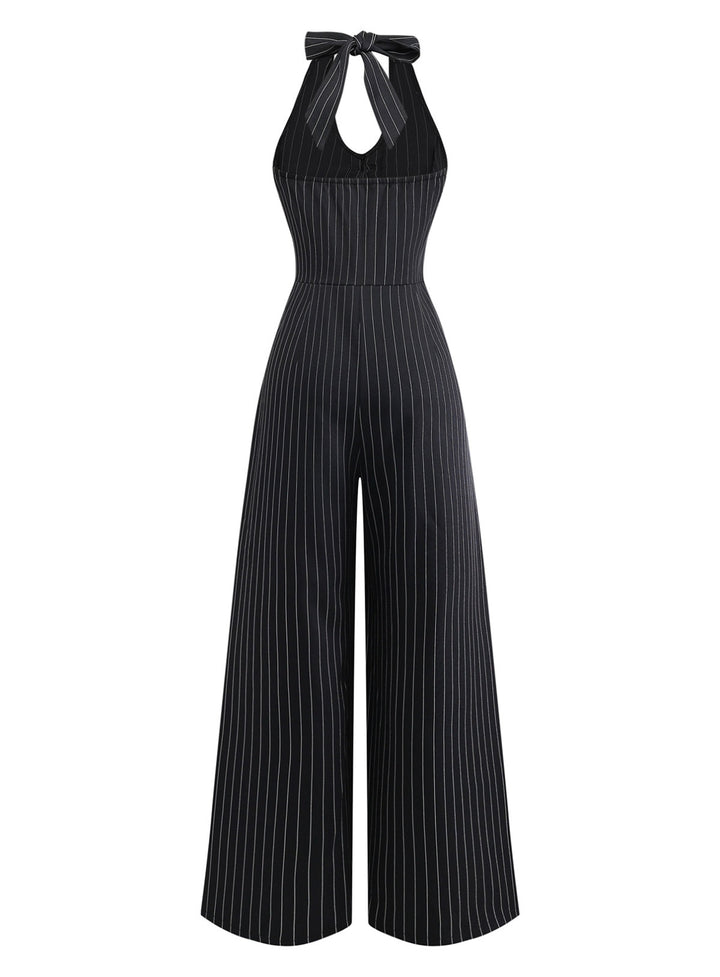 Black 1950s Sleeveless Pinstripe Halter Button Wide Leg Jumpsuit, vintage romper, retro jumpsuit - perfect for women who love vintage and retro fashion