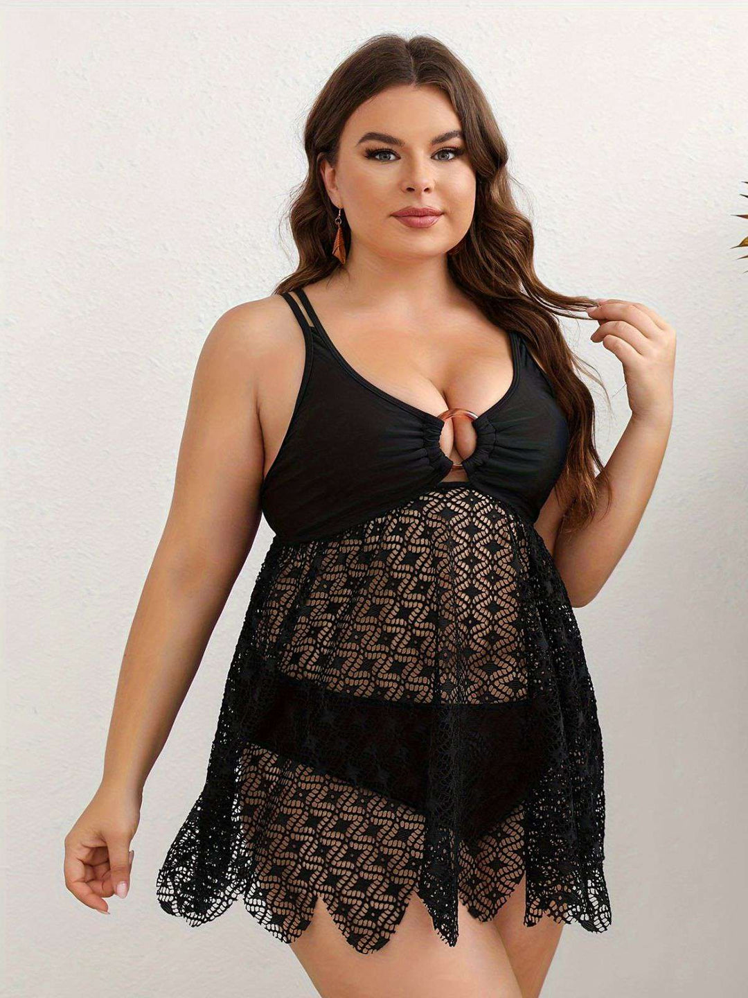 Black 1950s Solid Bohemian Lace Tankini Set - vintage fashion, retro style, classic black