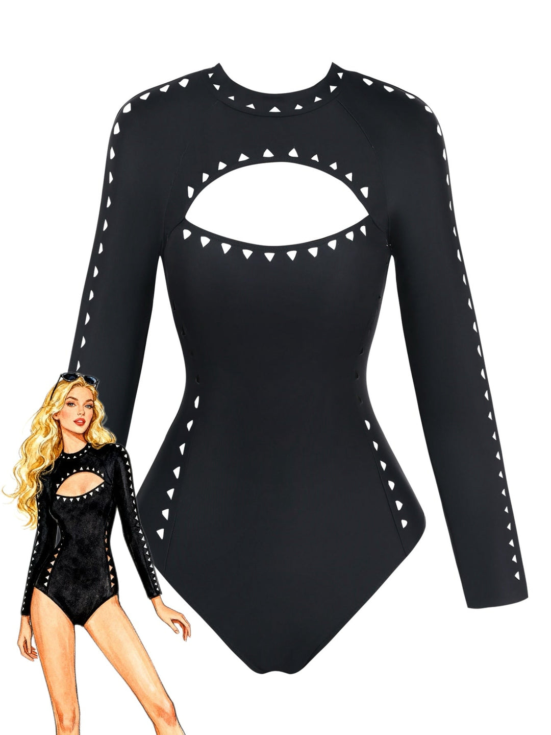 Black Solid Cutout Long Sleeves Swimsuit - vintage swimsuit, swimwear for vintage lovers