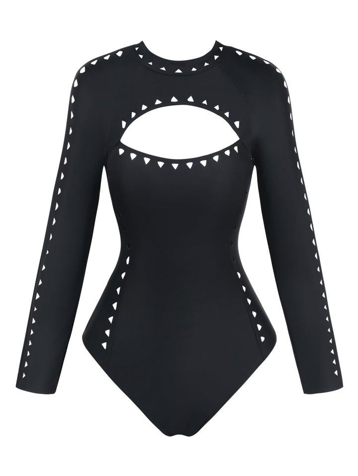 Black Solid Cutout Long Sleeves Swimsuit - vintage swimsuit, swimwear for vintage lovers