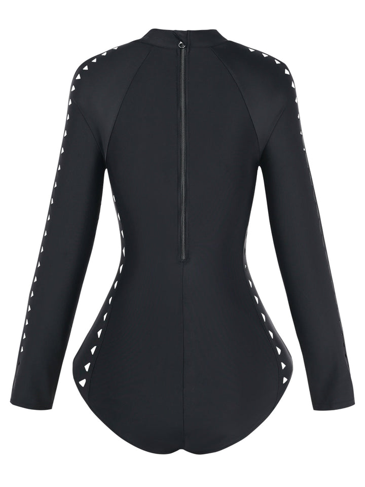 Black Solid Cutout Long Sleeves Swimsuit - vintage swimsuit, swimwear for vintage lovers