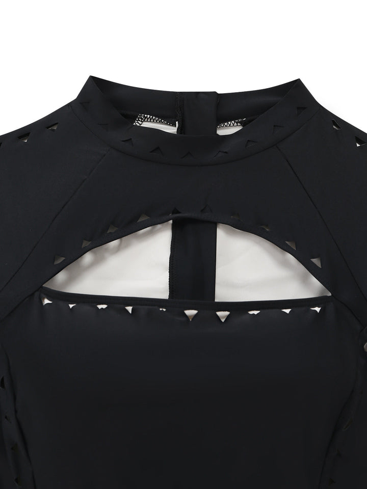 Black Solid Cutout Long Sleeves Swimsuit - vintage swimsuit, swimwear for vintage lovers