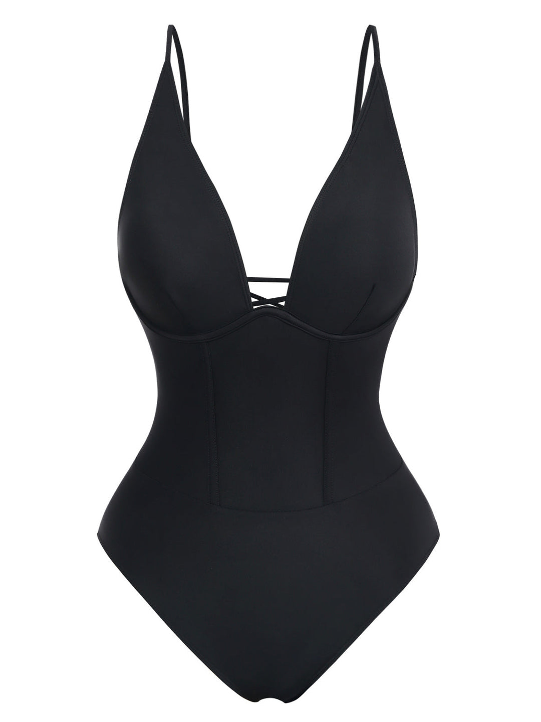 Black 1950s Solid Deep V Tummy Control One-Piece Swimsuit - vintage swimwear, retro swimsuit, pin-up style for vintage lovers