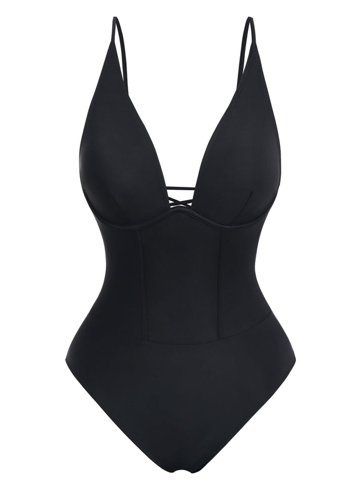 Black 1950s Solid Deep V Tummy Control One-Piece Swimsuit - vintage swimwear, retro swimsuit, pin-up style for vintage lovers