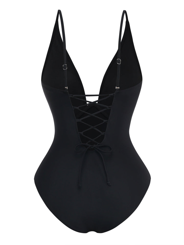 Black 1950s Solid Deep V Tummy Control One-Piece Swimsuit: beautiful vintage swimwear, retro swimsuit, pin-up style with timeless appeal