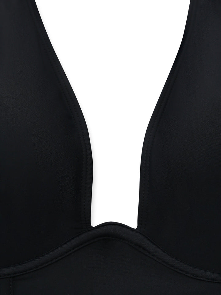 Black 1950s Solid Deep V Tummy Control One-Piece Swimsuit - vintage swimwear, retro swimsuit, pin-up style for vintage lovers