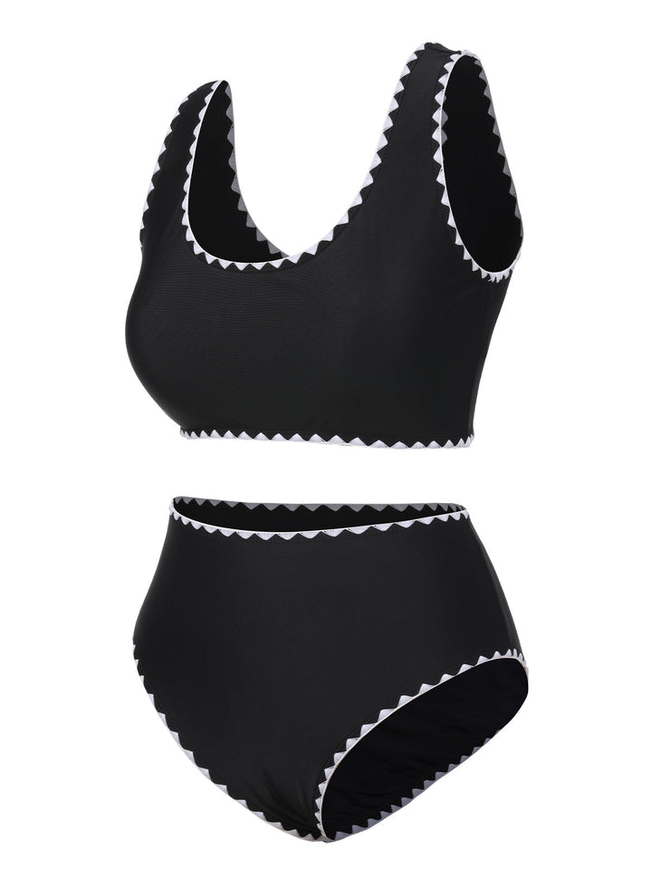 Black 1950s Solid Jagged Edge Swimsuit, vintage swimsuit, pin-up swimwear - perfect for women who love vintage and retro fashion