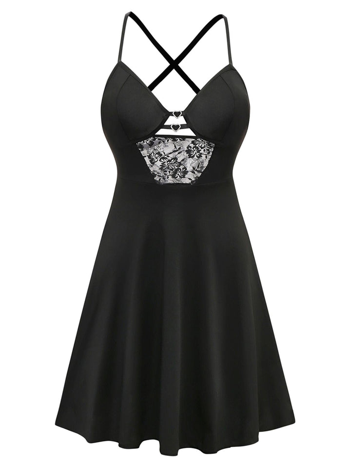 Black Solid Lace Strappy Nightdress - vintage dress, retro fashion, rockabilly