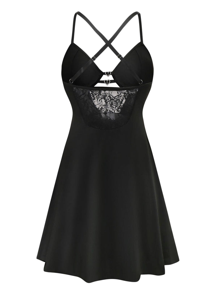 Black Solid Lace Strappy Nightdress - vintage dress, retro fashion, rockabilly