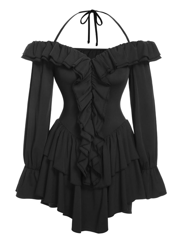 Black 1950s Solid Ruffle Off-Shoulder Romper, vintage romper, retro jumpsuit - perfect for women who love vintage and retro fashion