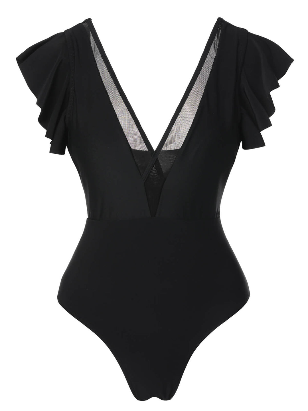 Black 1950s Solid Ruffle Sleeve One-Piece Swimsuit, vintage swimsuit, pin-up swimwear - perfect for women who love vintage and retro fashion