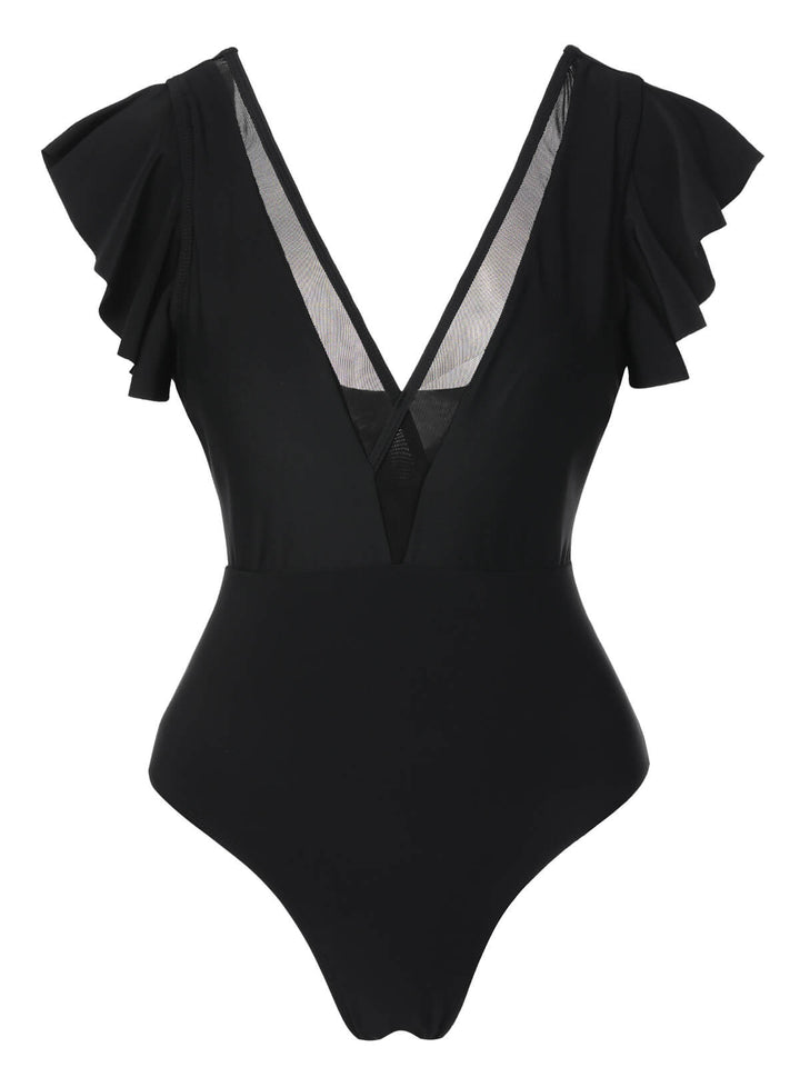 Black 1950s Solid Ruffle Sleeve One-Piece Swimsuit, vintage swimsuit, pin-up swimwear - perfect for women who love vintage and retro fashion
